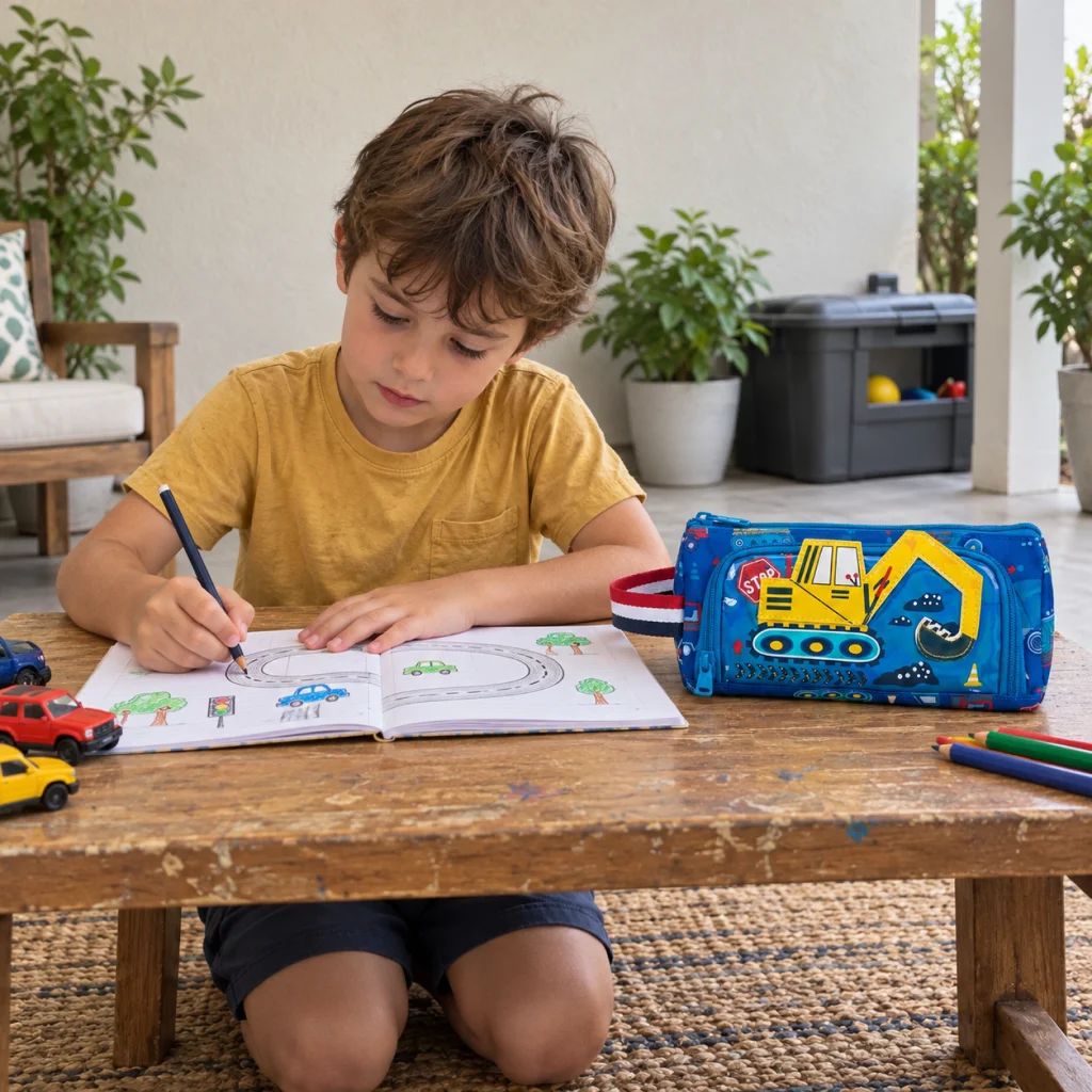 Blue Excavator Digger Pencil Case - Boy Drawing Beside Blue Excavator Pencil Case 1