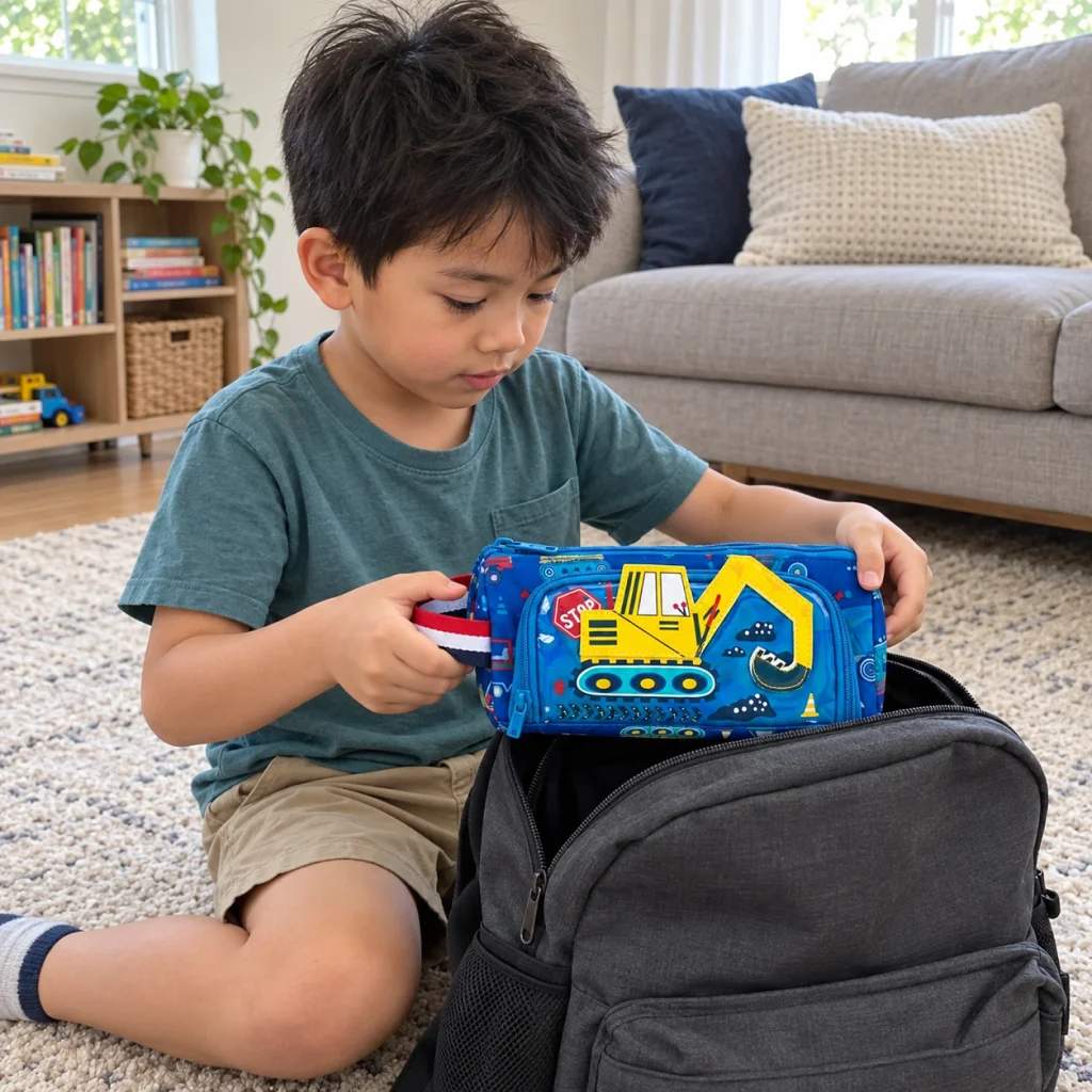 Blue Excavator Digger Pencil Case - Boy packs blue excavator case for school 1