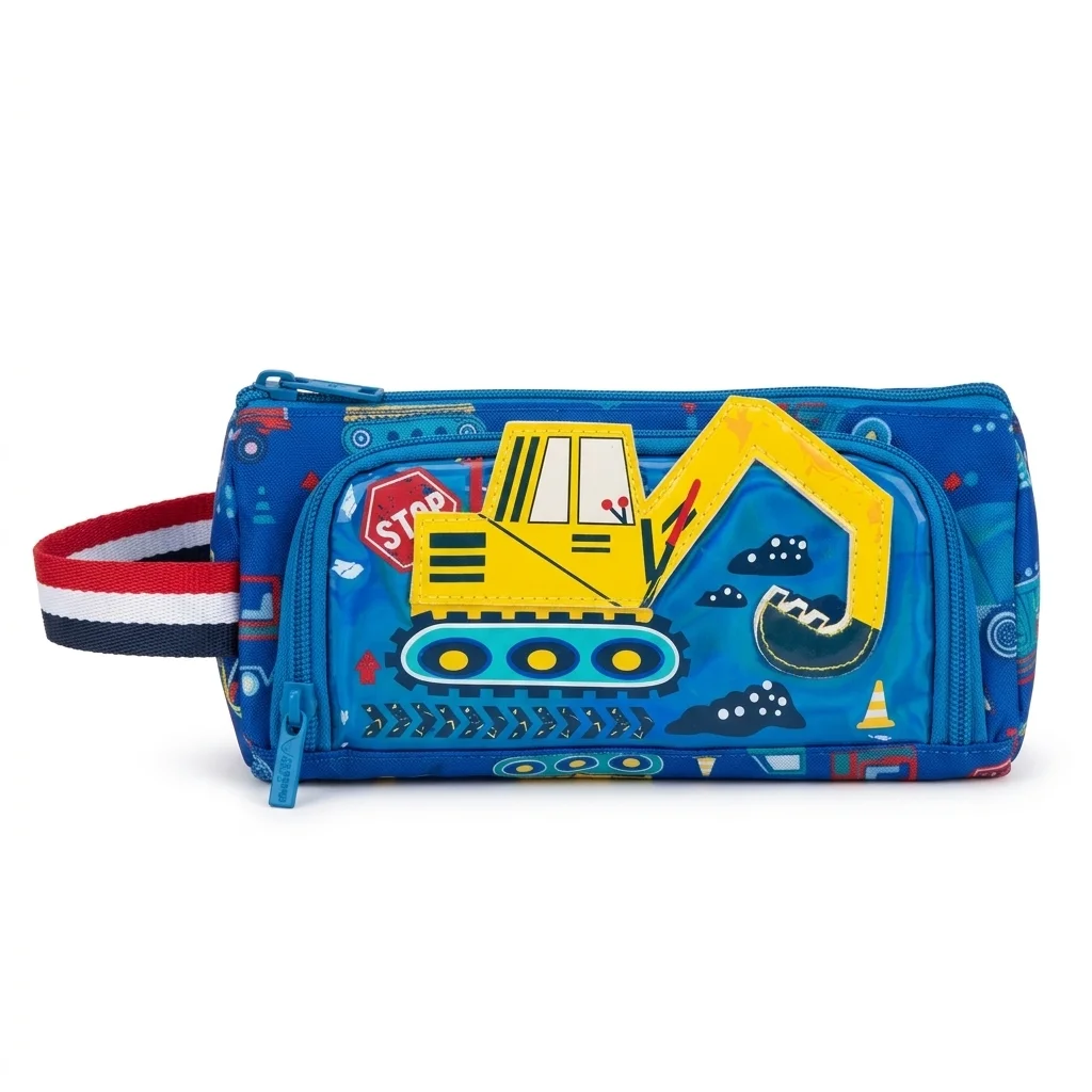 Blue Excavator Digger Pencil Case - Front view