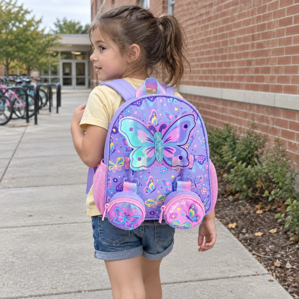 Butterfly Garden Double Pocket Backpack - Candid school walk with butterfly backpack 1