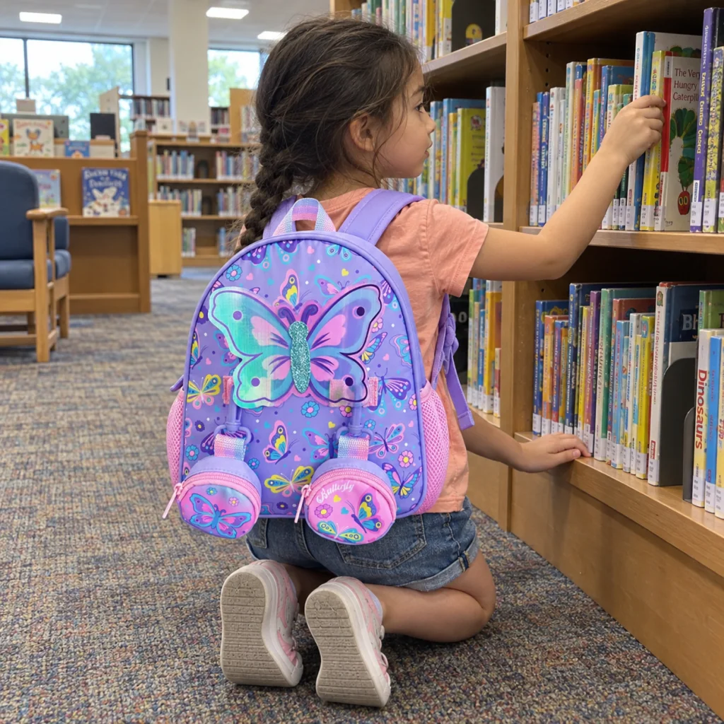 Butterfly Garden Double Pocket Backpack - Girl Choosing Books with Butterfly Backpack 1
