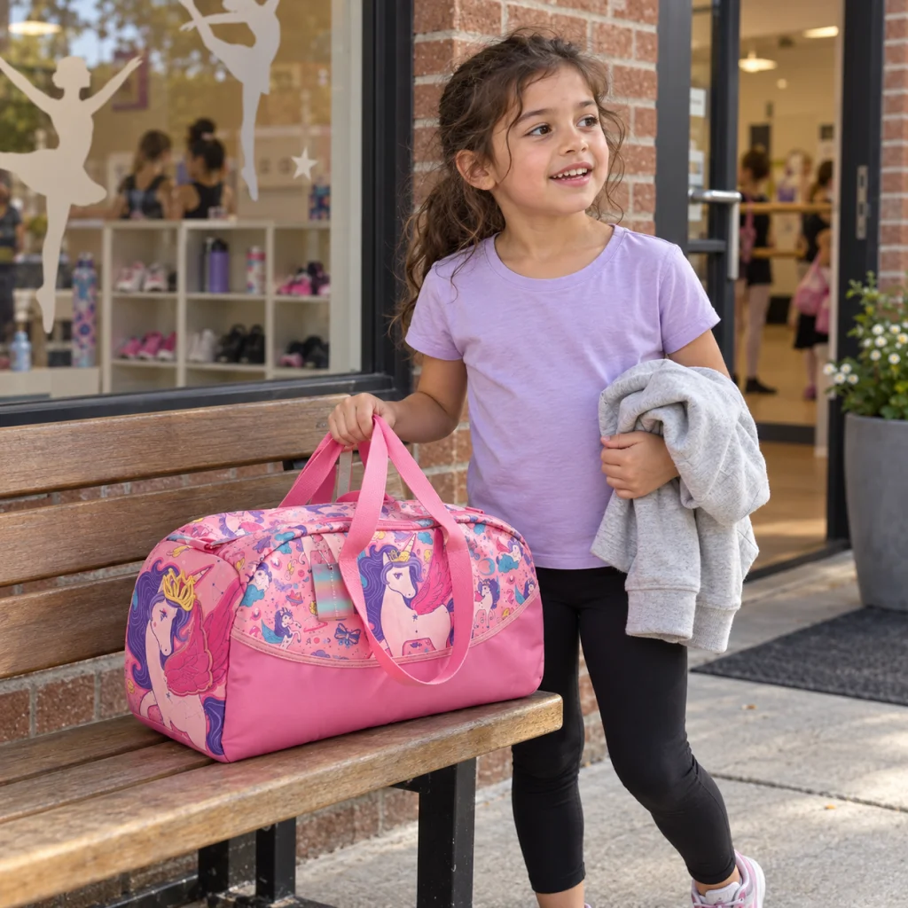 Dance Class Unicorn Travel Duffel - Girl collecting unicorn duffel after dance class 1