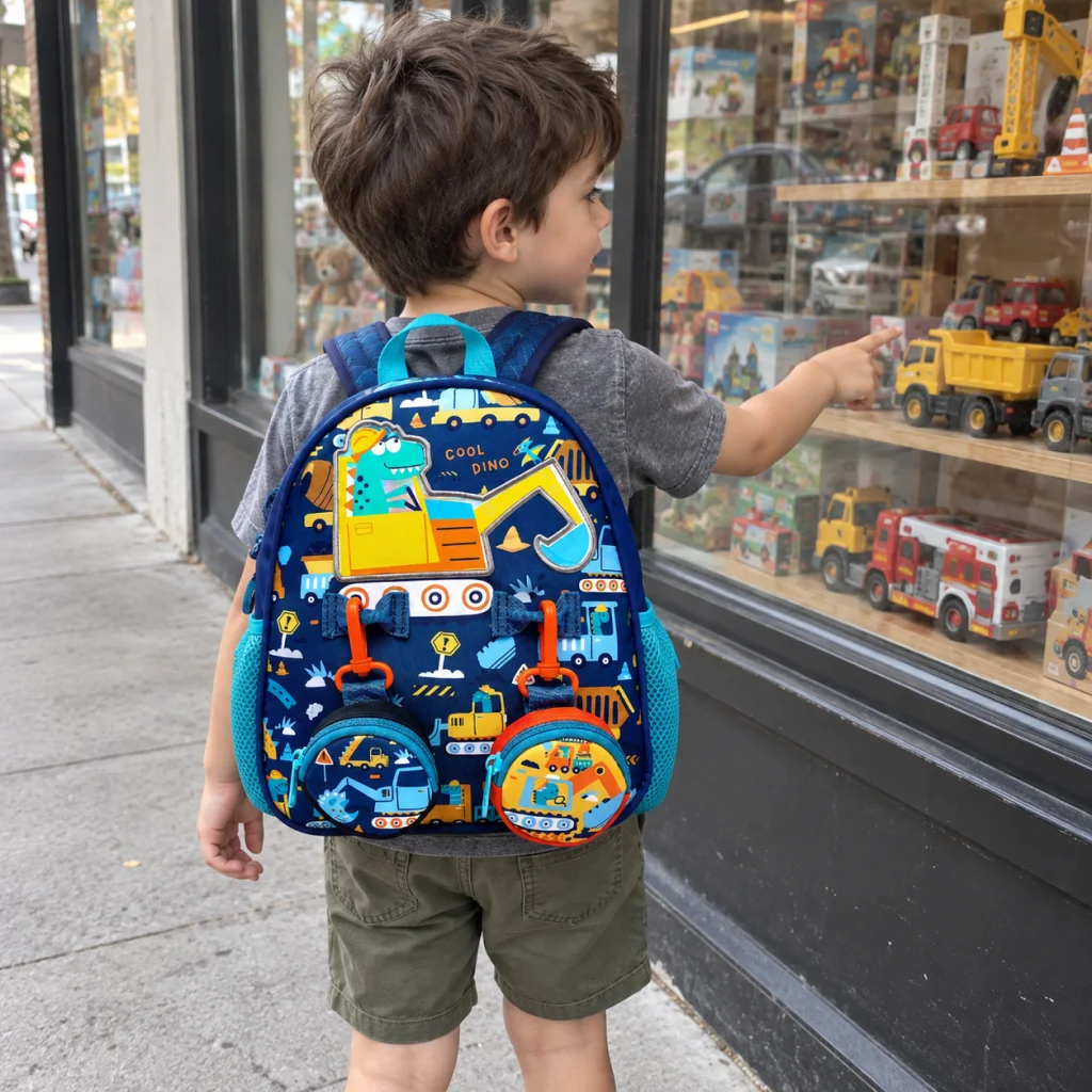 Dino Explorer Double Pocket Backpack - Boy Browses Toy Trucks, Dinosaur Backpack 1