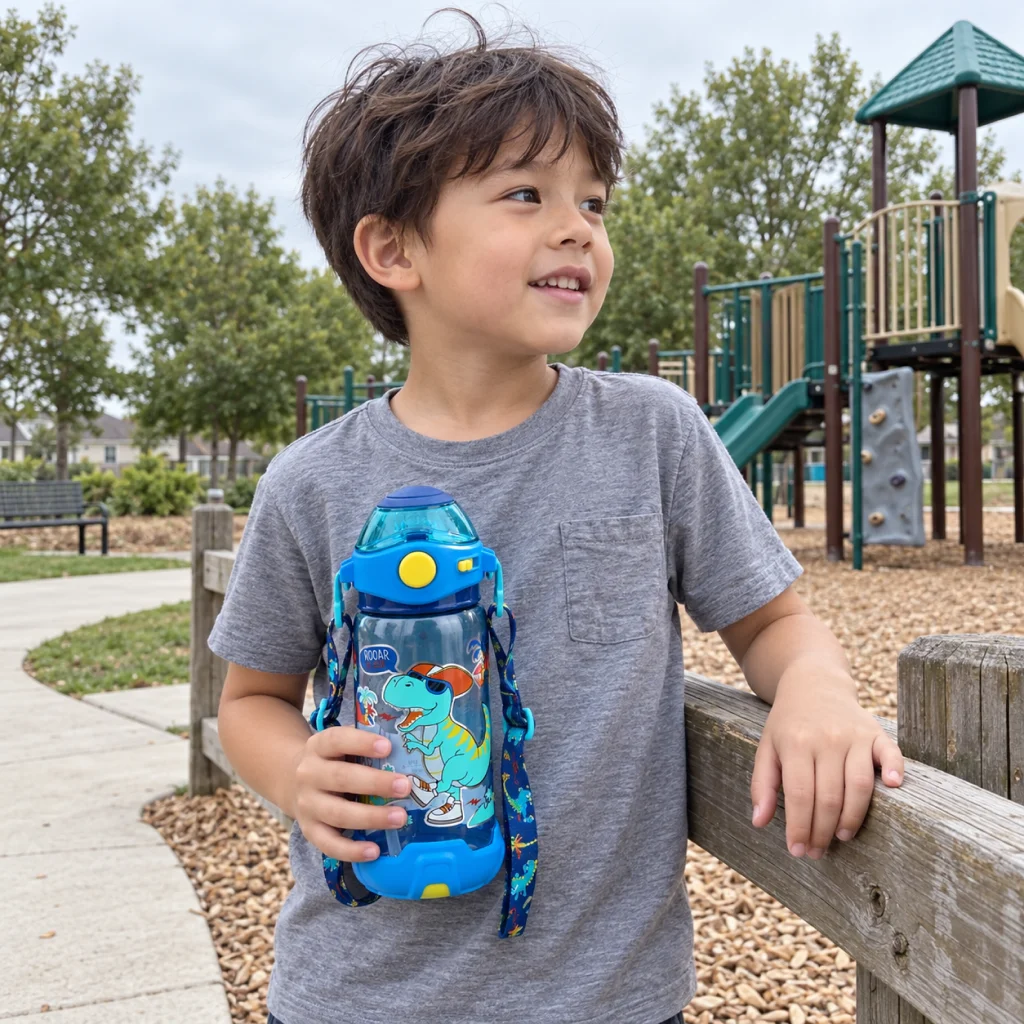 Dino Roar Adventure Water Bottle - Boy holding dinosaur bottle at playground 1