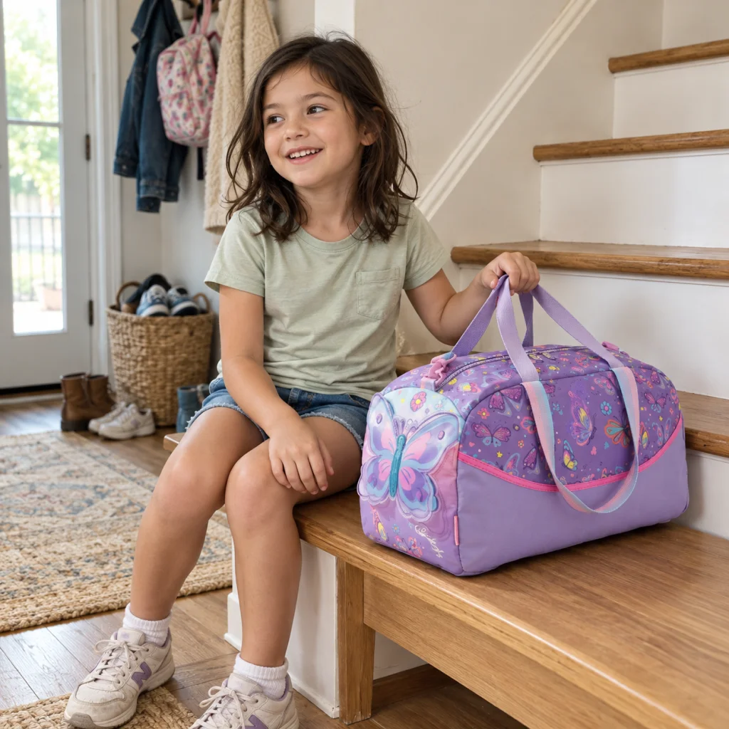 Flutter Butterfly Weekend Duffel Bag - Girl lifts a butterfly duffel 1