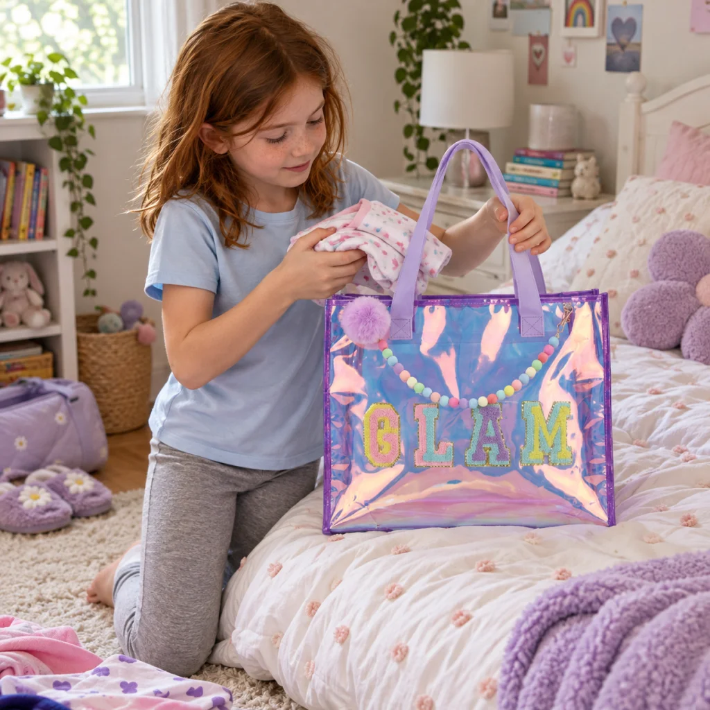 GLAM Sleepover Canvas Tote Bag - Girl packing her GLAM sleepover tote 1