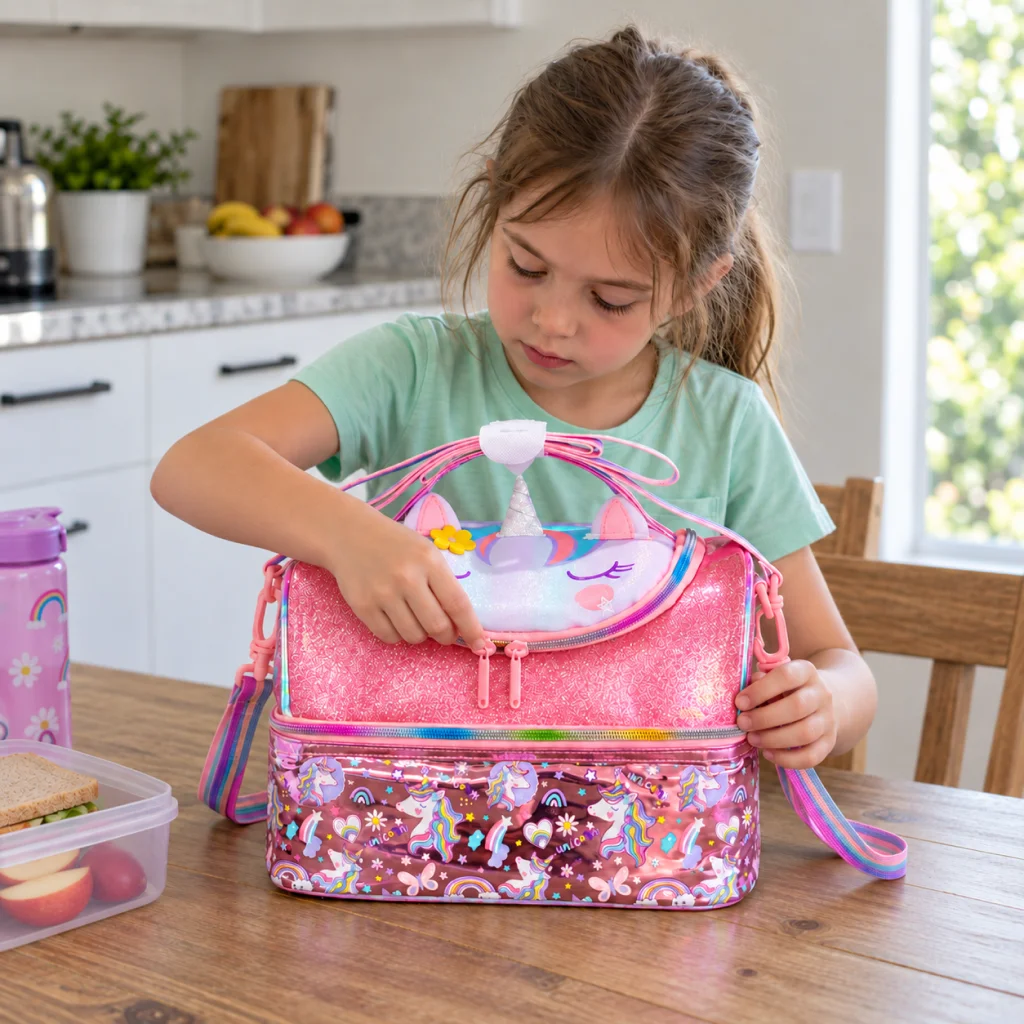 Glitter Pink Unicorn Lunch Bag - Girl Touching Unicorn Backpack Zipper 1
