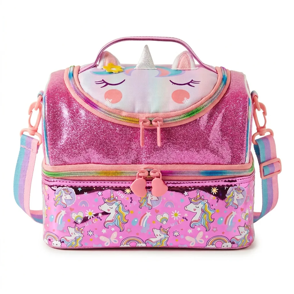 Glitter Pink Unicorn Lunch Bag - Front view