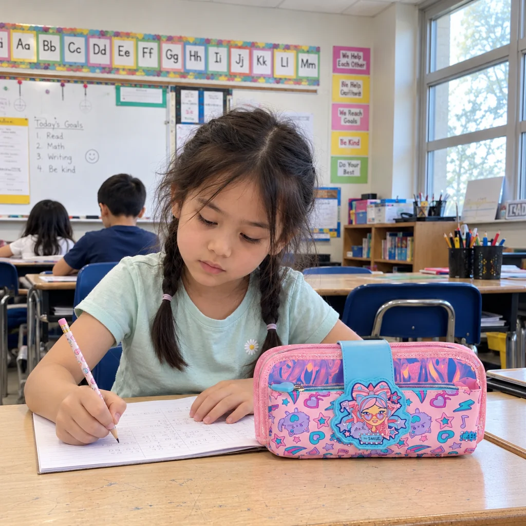 Holographic Dreams Pencil Case - Child writing beside a holographic pencil case 1