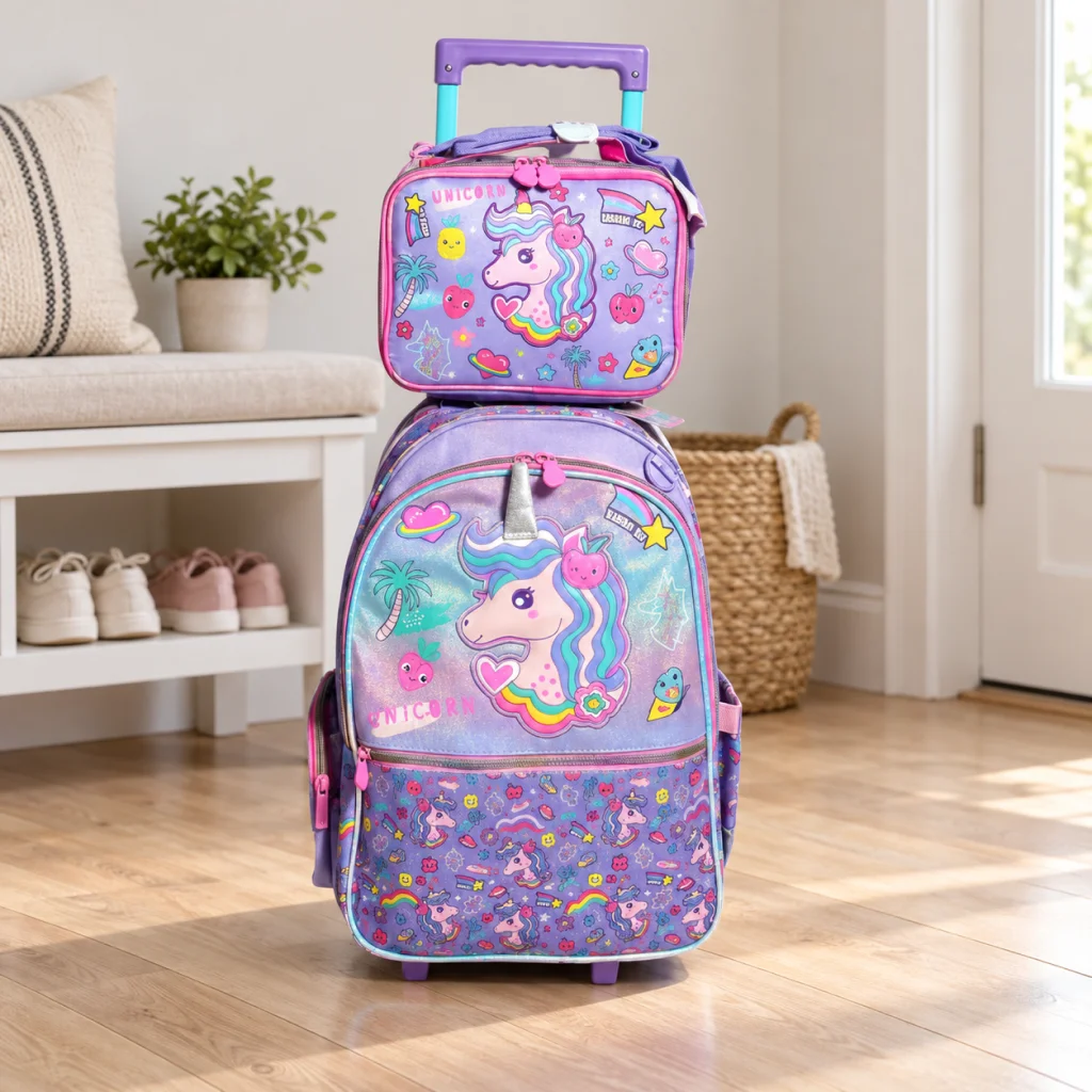 Lavender Unicorn Trolley Backpack Set - Lavender unicorn trolley set in entryway-1 1
