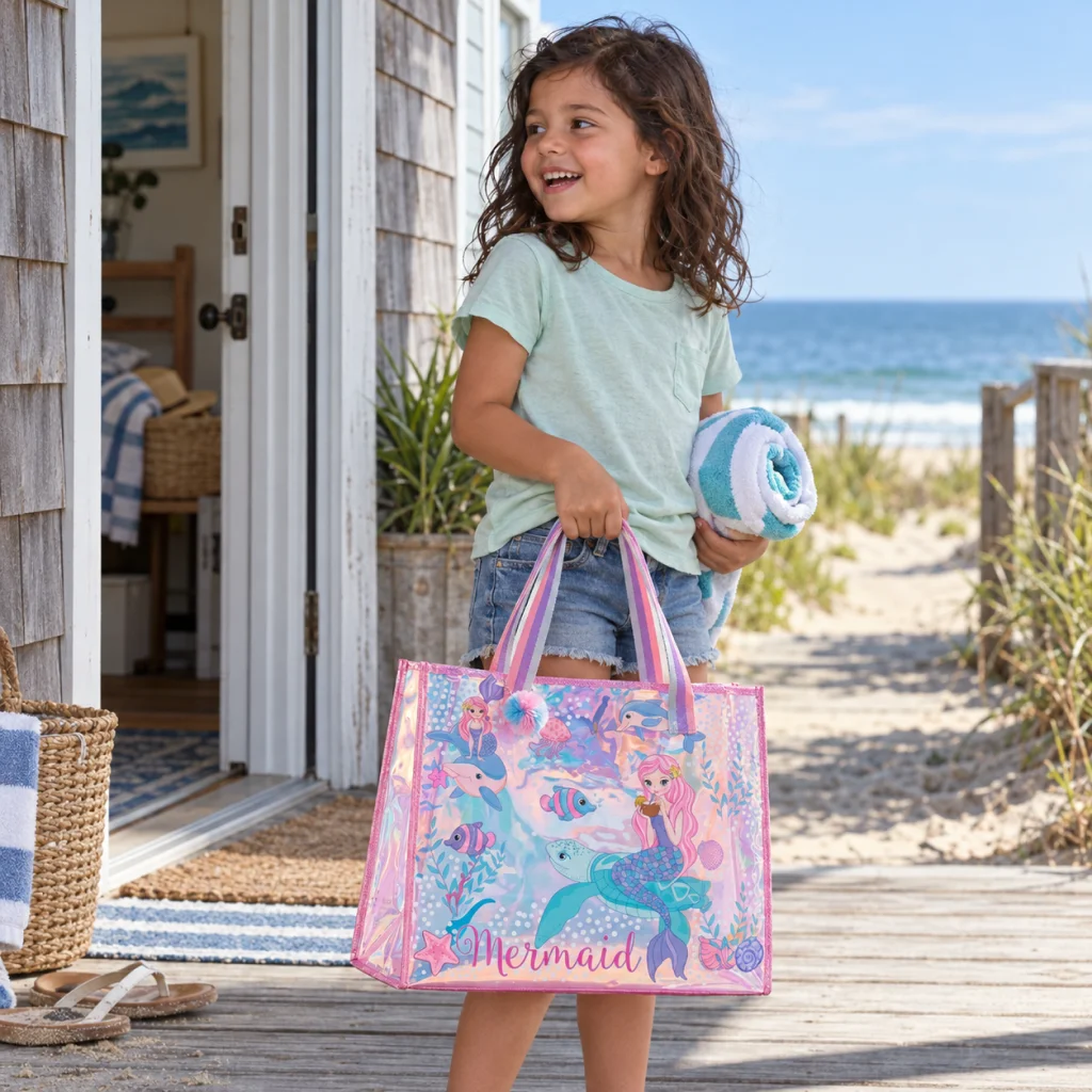 Mermaid Beach Canvas Tote Bag - Girl carrying mermaid beach tote 1
