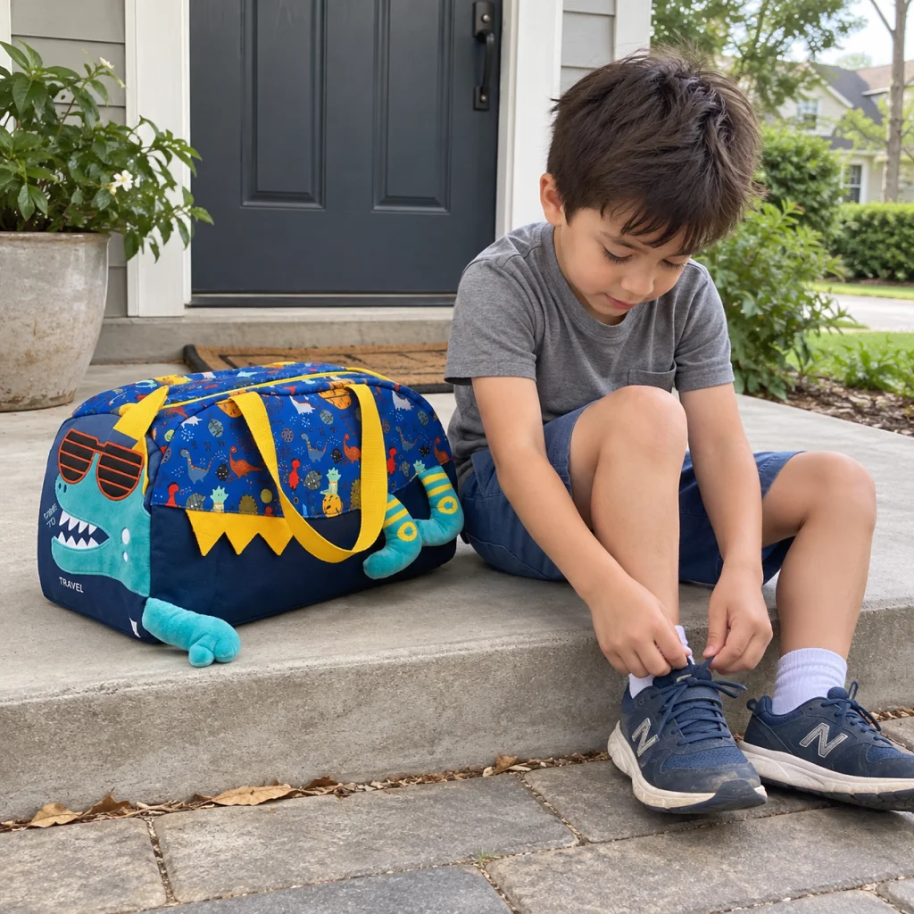 Monster Roar Action Duffel Bag - Boy Getting Ready with Monster Duffel 1