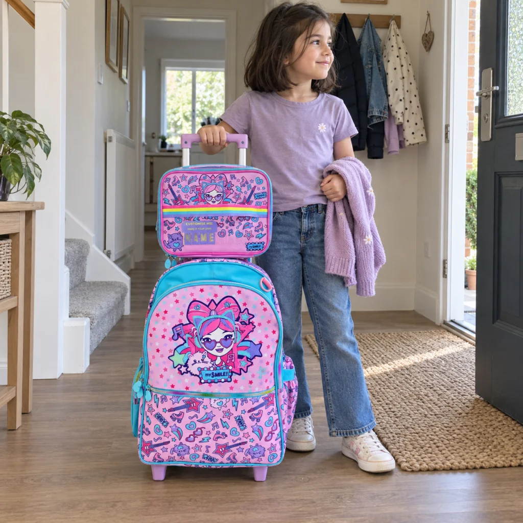 Musical Melody Trolley Backpack Set - Candid hallway departure with pink trolley set-3 1