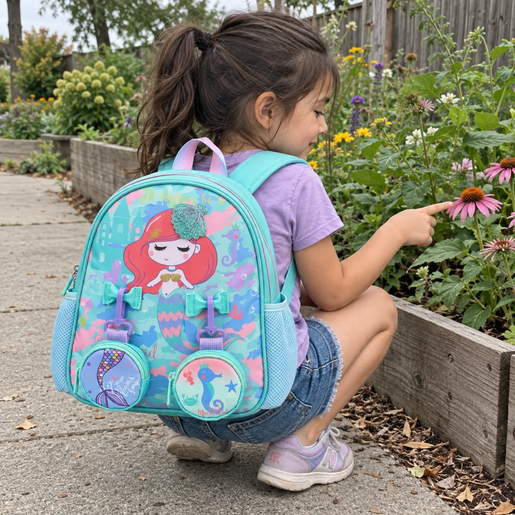 Ocean Mermaid Double Pocket Backpack - Crouching girl with mermaid backpack 1