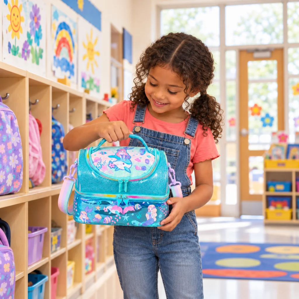 Ocean Sparkle Mermaid Lunch Bag - Schoolgirl with mermaid lunch bag 1