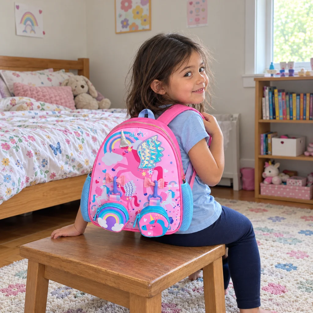 Pastel Dream Double Pocket Backpack - Seated girl with backpack in bedroom 1