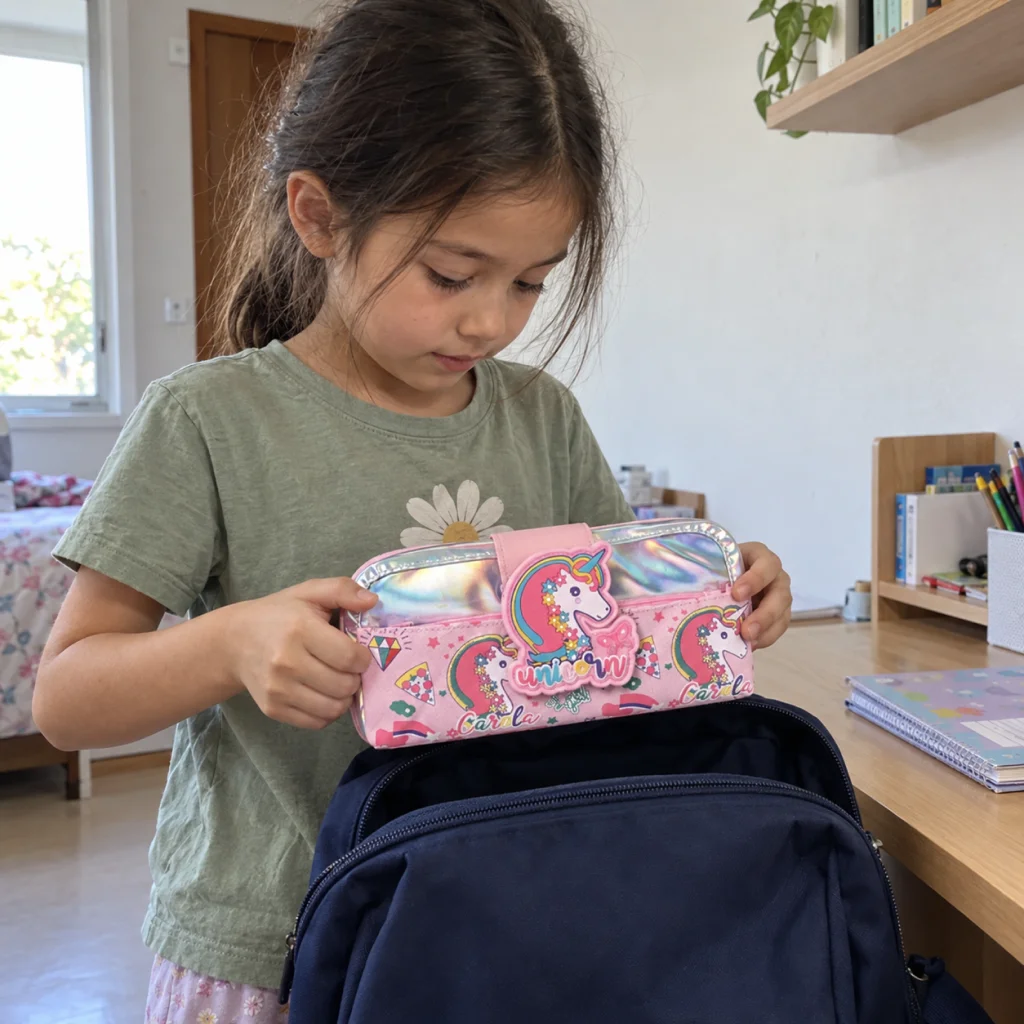Pink Rainbow Unicorn Pencil Case - Packing the pink rainbow unicorn case 1