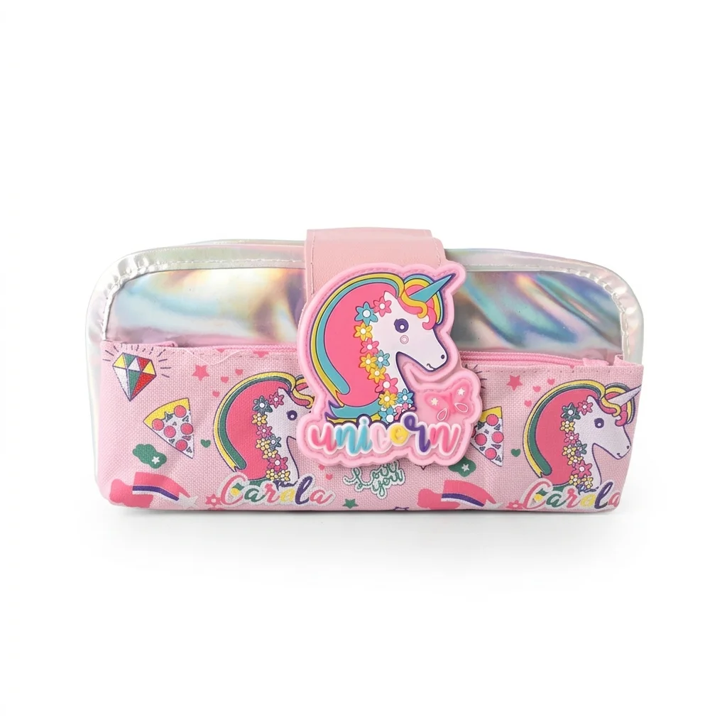 Pink Rainbow Unicorn Pencil Case - Front view