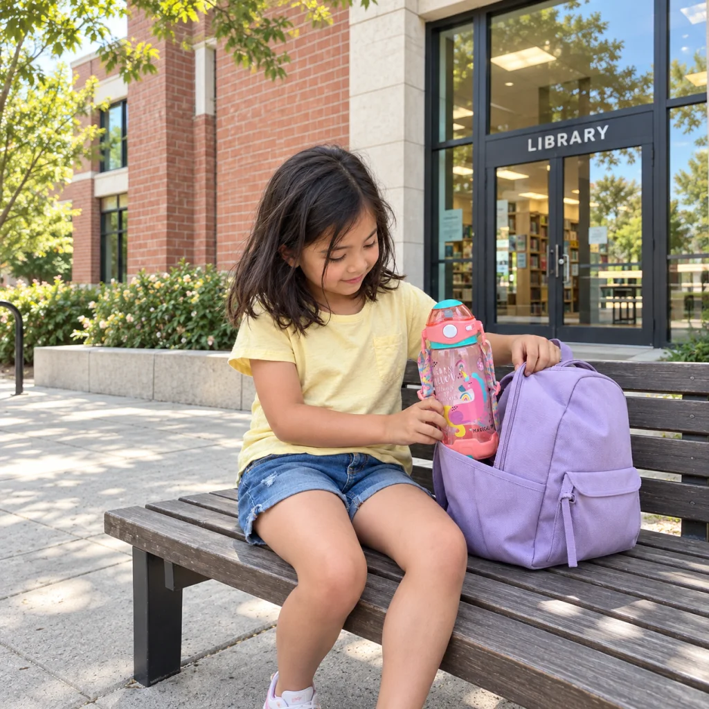 Pink Unicorn Dream Water Bottle - Candid library portrait with pink unicorn bottle 1