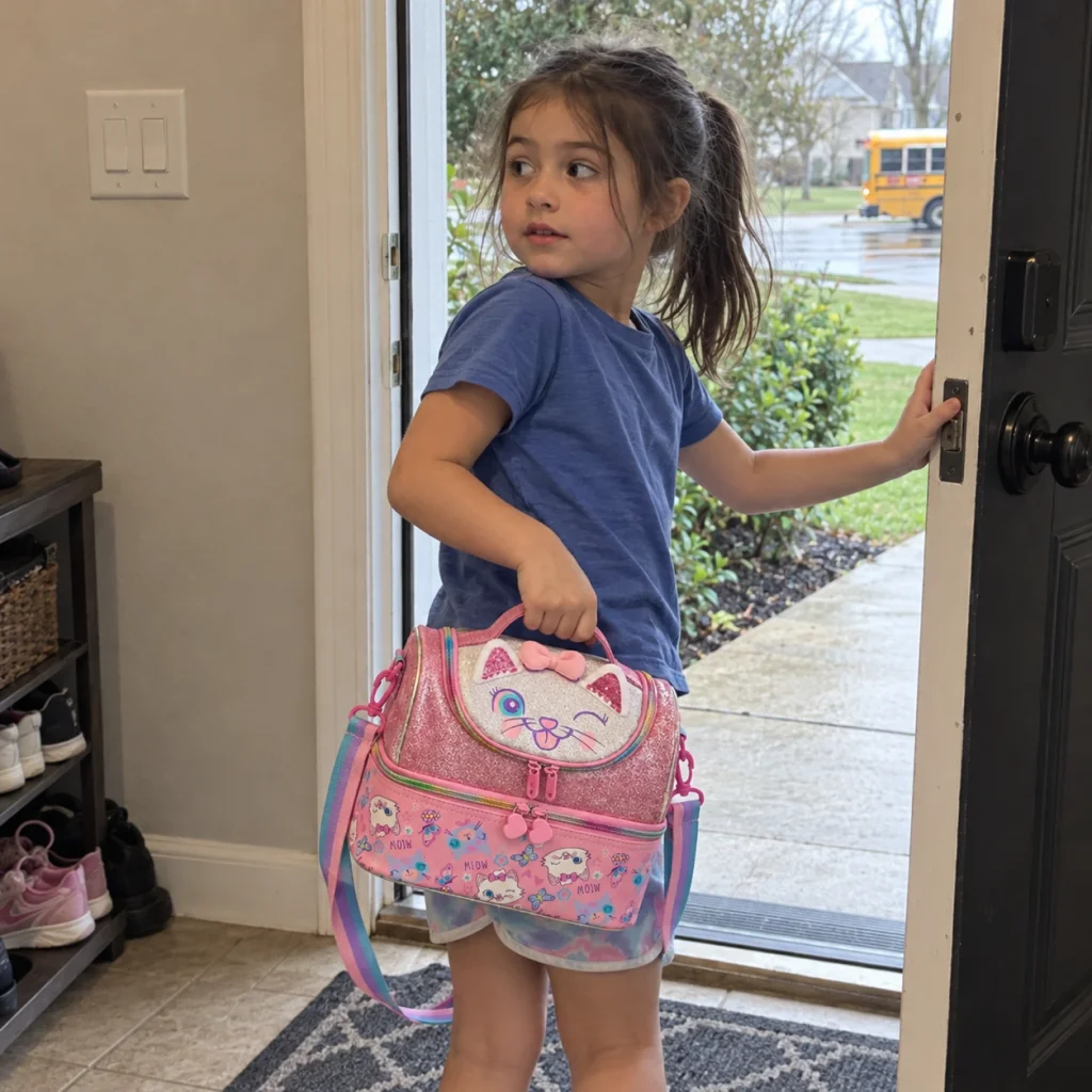 Playful Cat Lunch Bag - Girl heads to school with cat bag 1