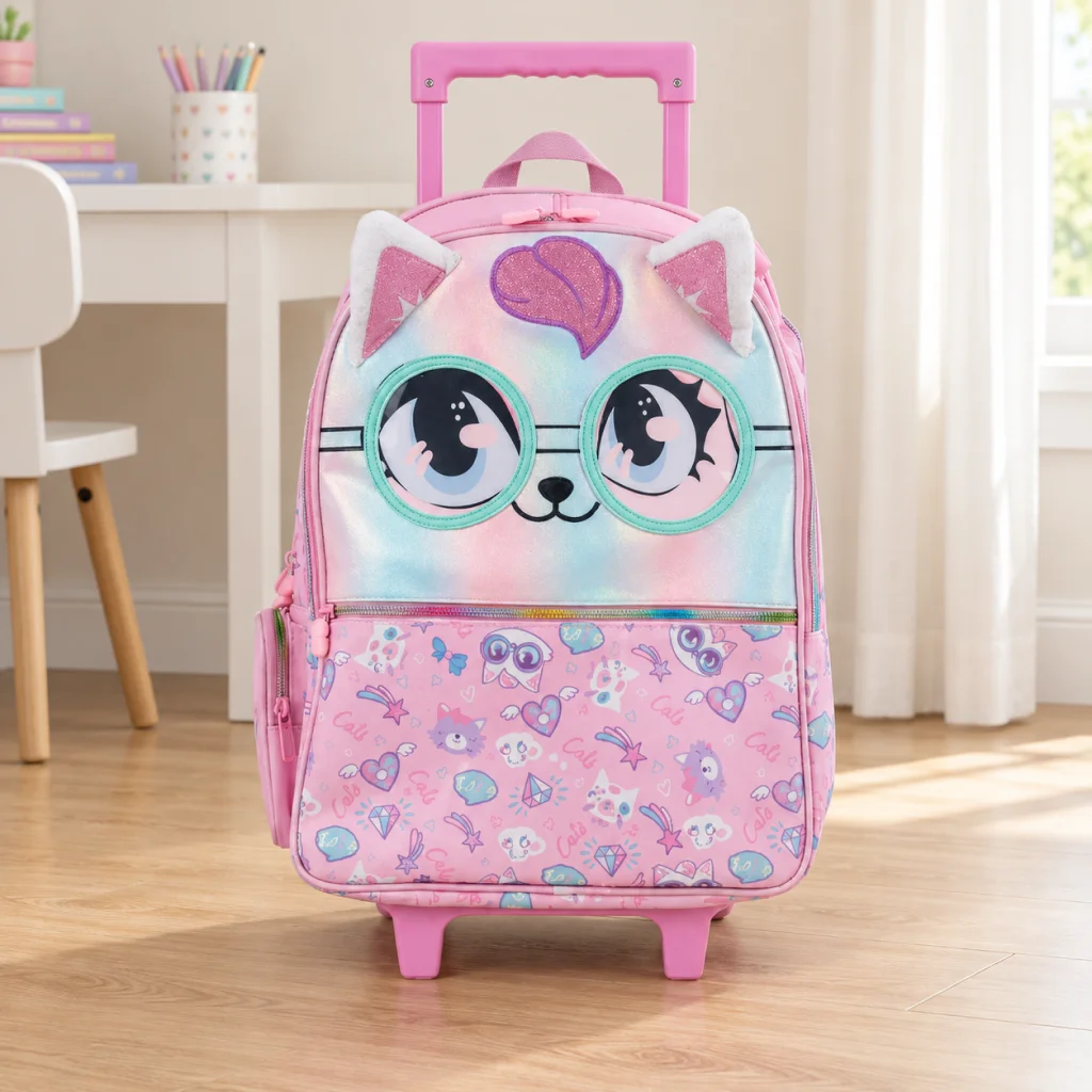 Rolling Cat Trolley Backpack Set - Pink cat rolling backpack beside a desk 1