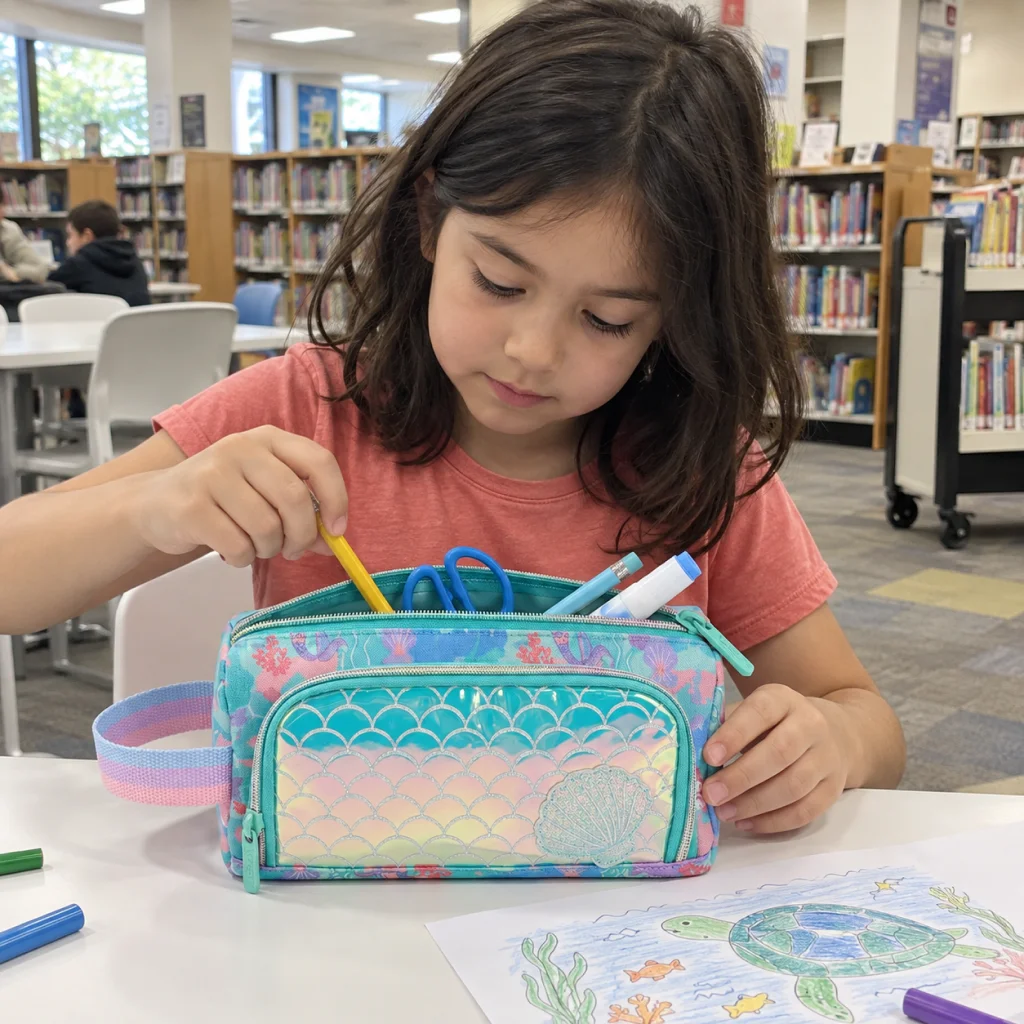 Shimmer Mermaid Tail Pencil Case - Girl chooses a pencil from mermaid case 1