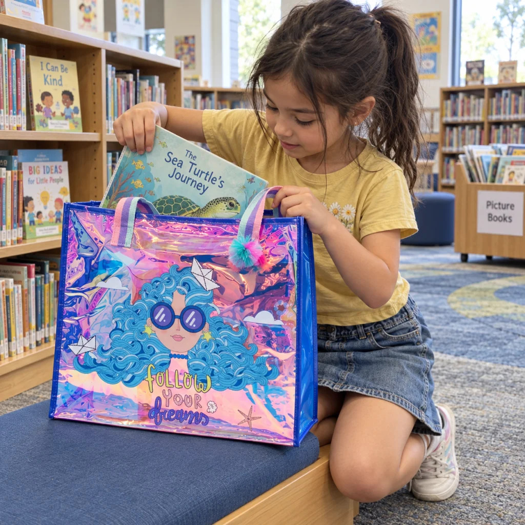 Storytime Reading Canvas Tote Bag - Girl Slides a Book into Her Tote 1