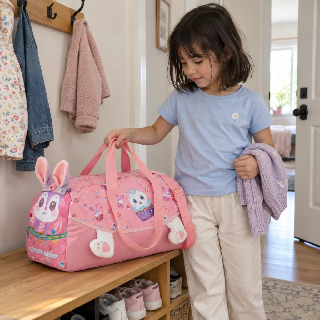 Sweet Bunny Rabbit Travel Duffel - Girl leaving with pink rabbit duffel 1