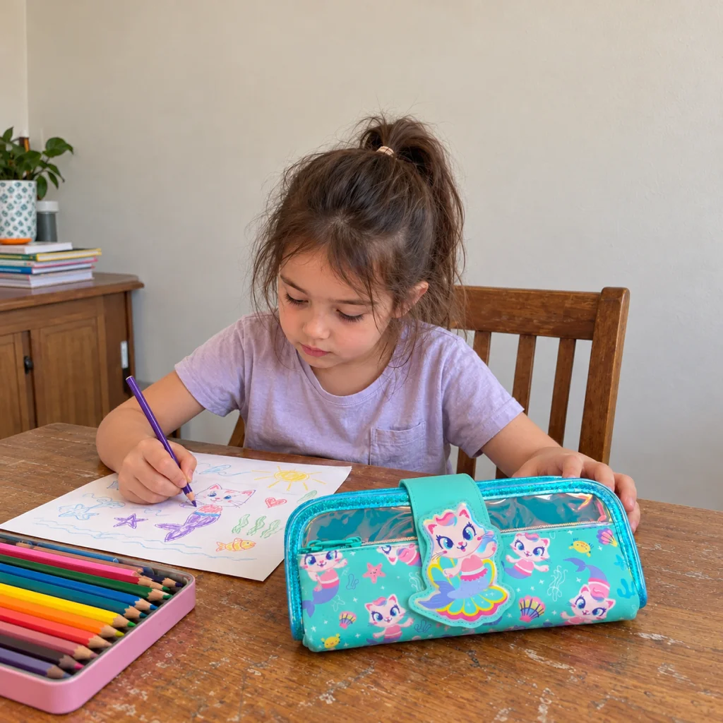 Turquoise Mermaid Hardtop Pencil Case - Girl with turquoise mermaid pencil case 1